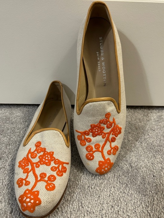 Stubbs & Wootton Shoes - Stubbs & Wootton Cream Canvas Loafers with Orange Floral Embroidery